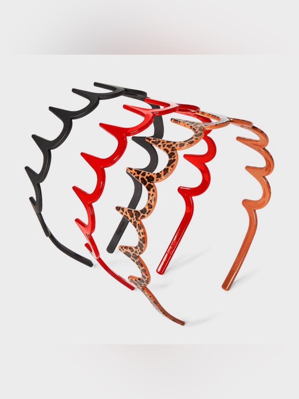 Scalloped Plastic Headband Set — Black, Red, Leopard, Brown